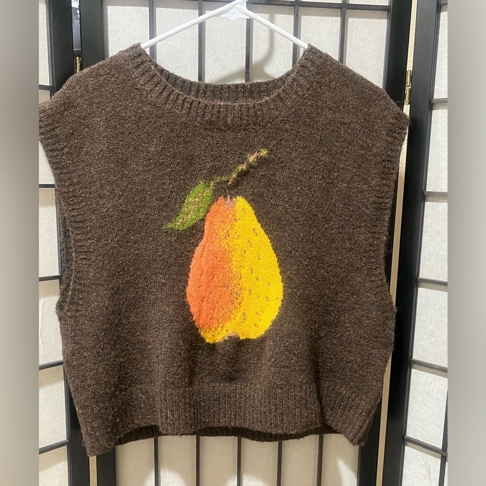CIDER Brown Knit Sweater Vest with PEAR Fruit GRAPHIC WOMENS SIZE L - Picture 3 of 9